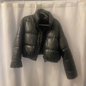 Zara Black Faux Leather Bomber Jacket Size M